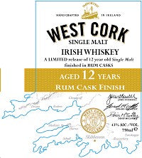 WEST CORK IRISH WHISKEY SINGLE MALT 12 YEAR RUM CASK FINISH 750 ML (6)